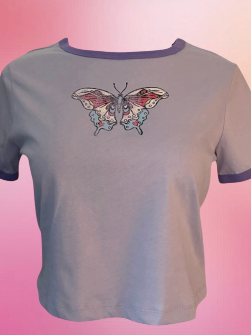 Free | Lavender Crop Top with Purple Trim and Embroidered Butterfly